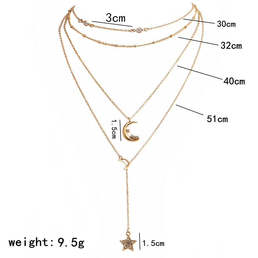 Moon Five Pointed Star Combination Statement Layered Necklace - Social Blingz