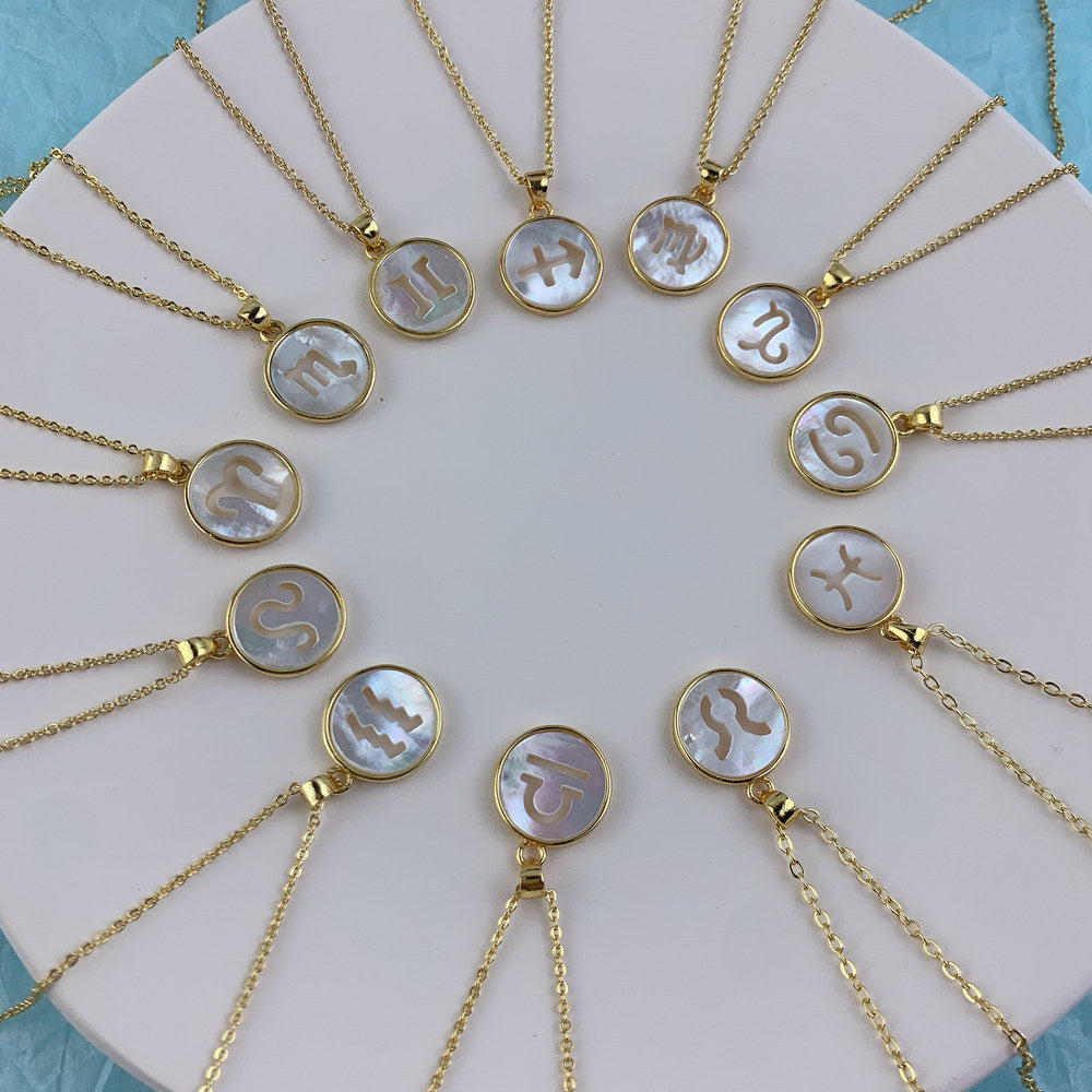 Zodiac Constellation with Natural Mother Of Pearl Shell Pendant Necklace