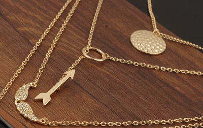 Vintage Multi-layer Gold Color Arrow, Big Dipper, Crystal Angel Wing Four Layer Pendant Necklace - socialblingz
