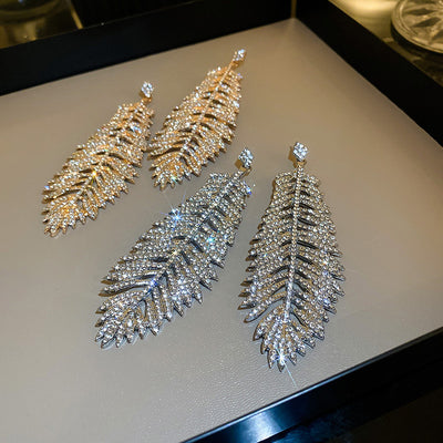 Designer Stylish Big Leaf Rhinestone Dangle Earrings