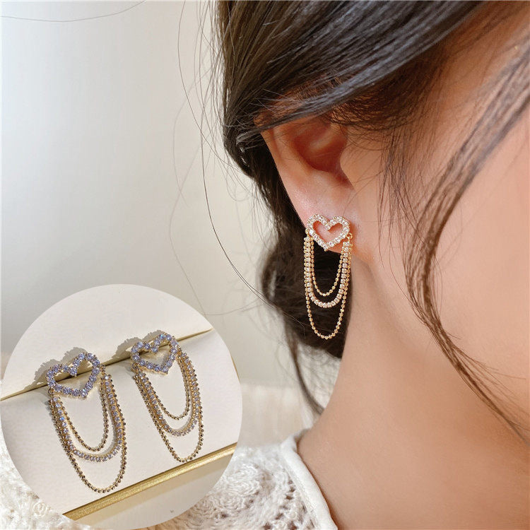 Shiny Zircon Heart Long Tassel Earrings