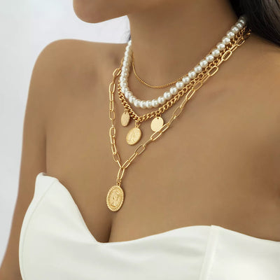 Coin Pendant Pearl Strand Layered Necklace