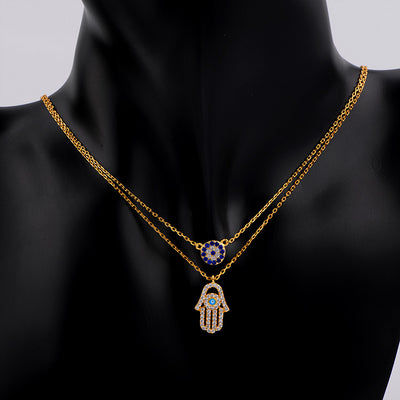 Hamsa Hand Evil Eye Pendant Layered Necklace