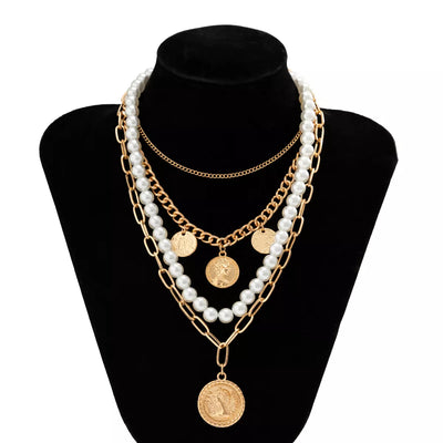 Coin Pendant Pearl Strand Layered Necklace