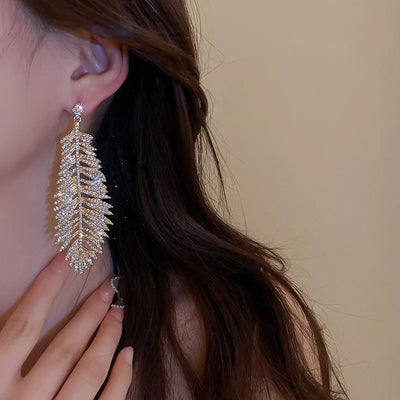Designer Stylish Big Leaf Rhinestone Dangle Earrings
