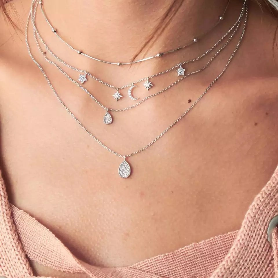 Water Drop WIth Stars & Moon Layered Necklace - Social Blingz