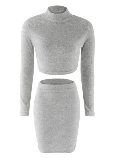 Winter Mock Neck Solid Crop 2 Piece Skirt Sets - socialblingz
