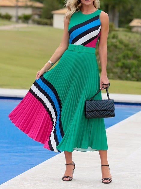 Striped Sleeveless Pleated Plus Size Maxi Dress - socialblingz