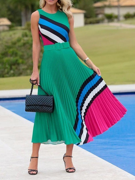 Striped Sleeveless Pleated Plus Size Maxi Dress - socialblingz