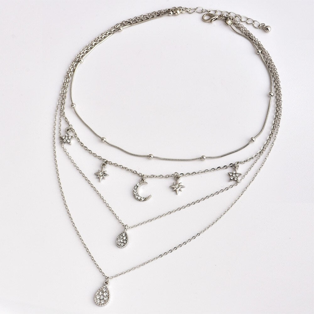Water Drop WIth Stars & Moon Layered Necklace - Social Blingz