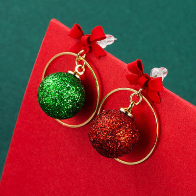 Green & Red Balls with Bow Drop Christmas Earrings