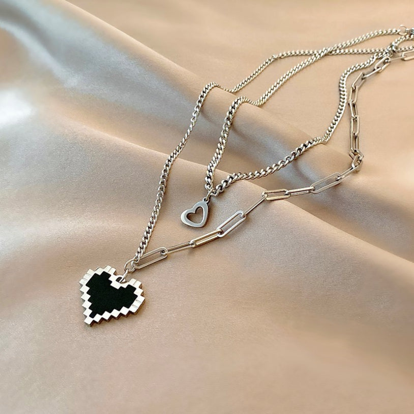 Digital Heart Pendant Layered Necklace