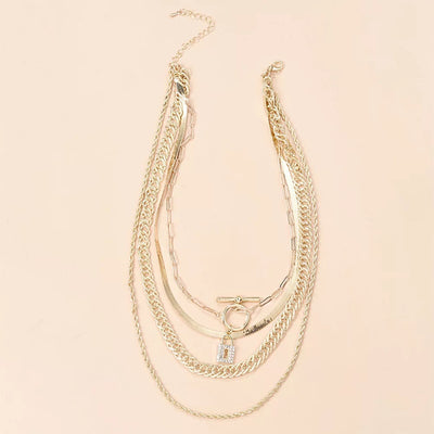 Crystal Lock With Different Chains Layered Necklace