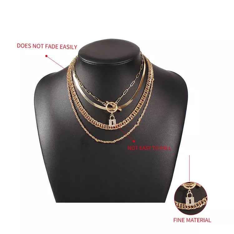 Crystal Lock With Different Chains Layered Necklace
