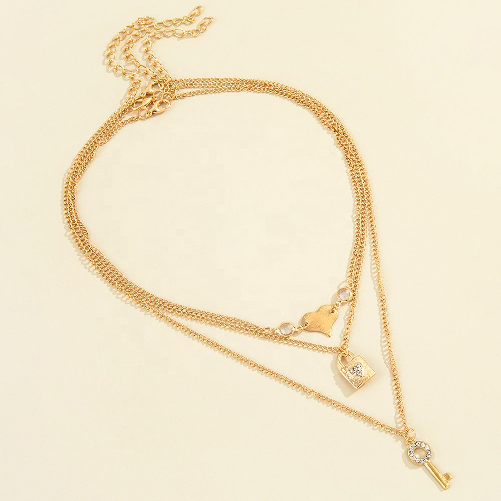 Heart Lock & Key Pendant Layered Necklace