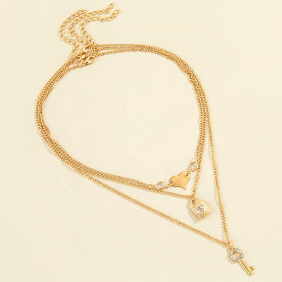 Heart Lock & Key Pendant Layered Necklace
