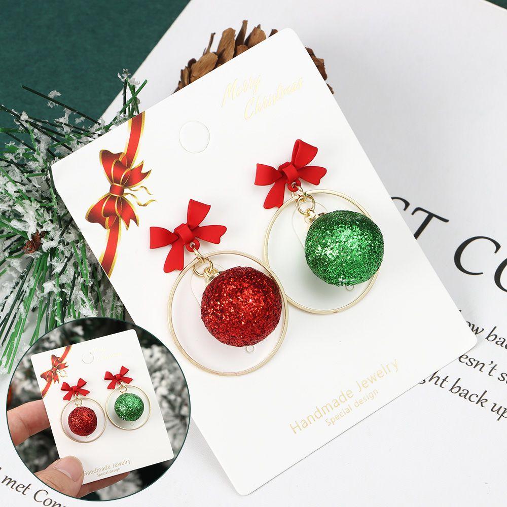 Green & Red Balls with Bow Drop Christmas Earrings