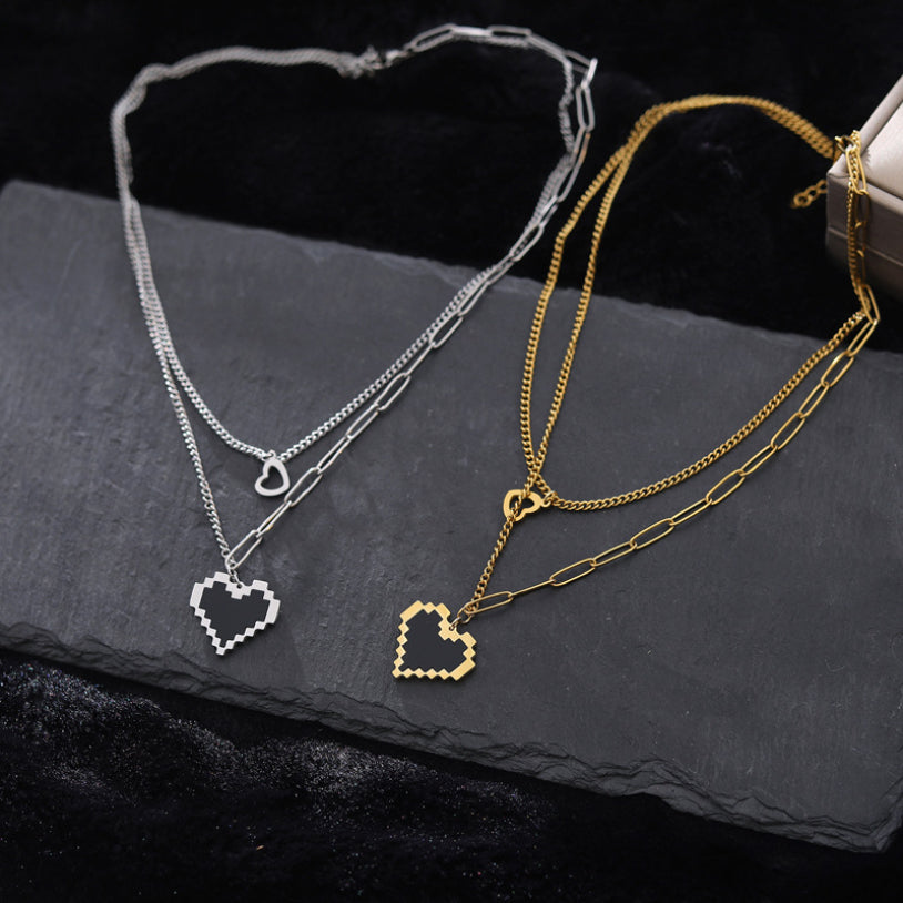 Digital Heart Pendant Layered Necklace