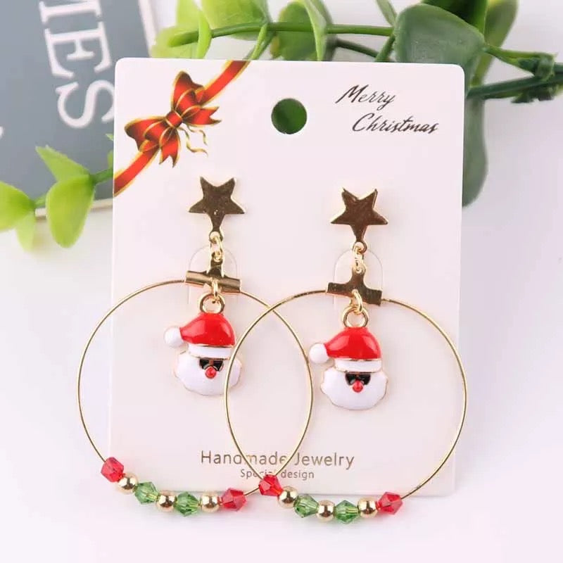 Santa Claus in Circle Star Drop Christmas Earrings