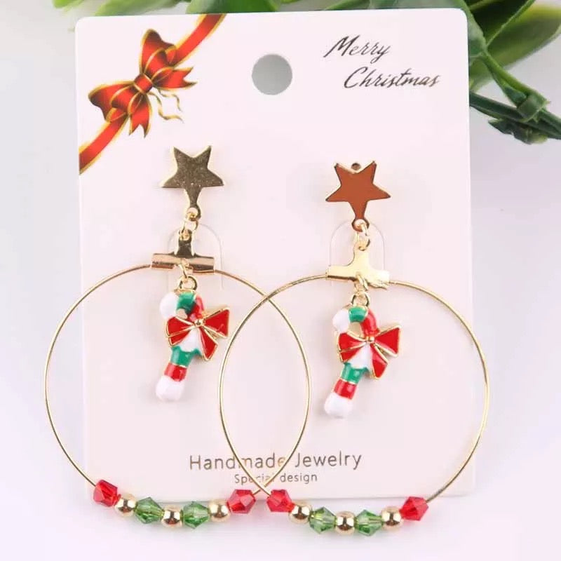 Bow Candy in Circle Star Drop Christmas Earrings